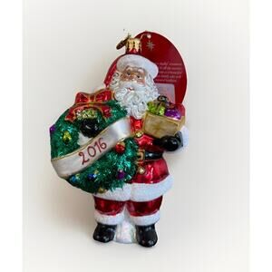 Christopher Radko Holly Jolly Santa 2016 Glass Ornament Wreath Gifts 6.5" Tall